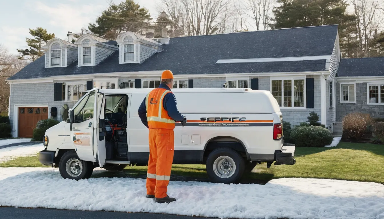 A friendly provider checking a septic tank lid in a home yard near Lansdale